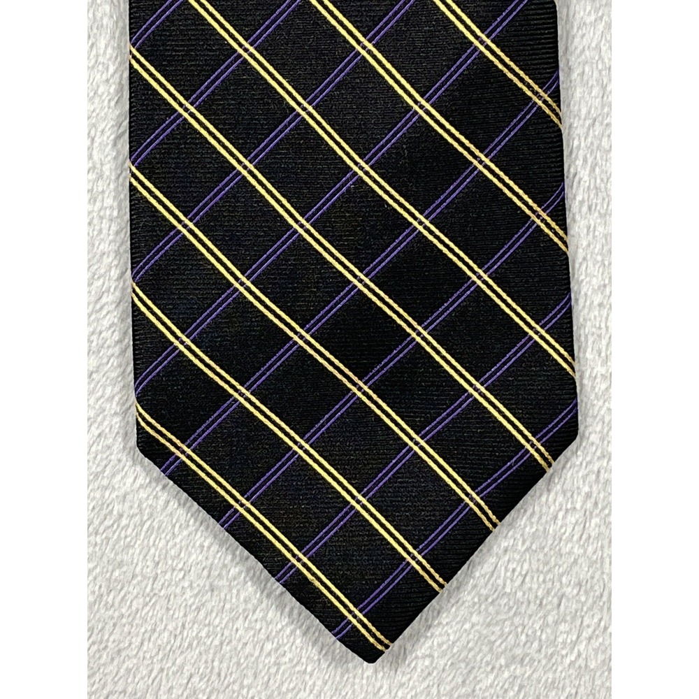 Lauren Ralph Lauren Mens Silk Tie Black Gold Purple Plaid Hand Finished USA Made